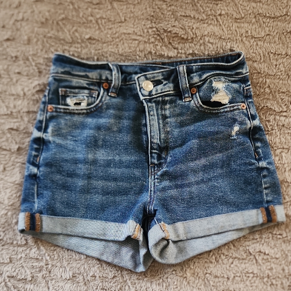 American Eagle Outfitters High Rise Distressed Blue Jean Shorts